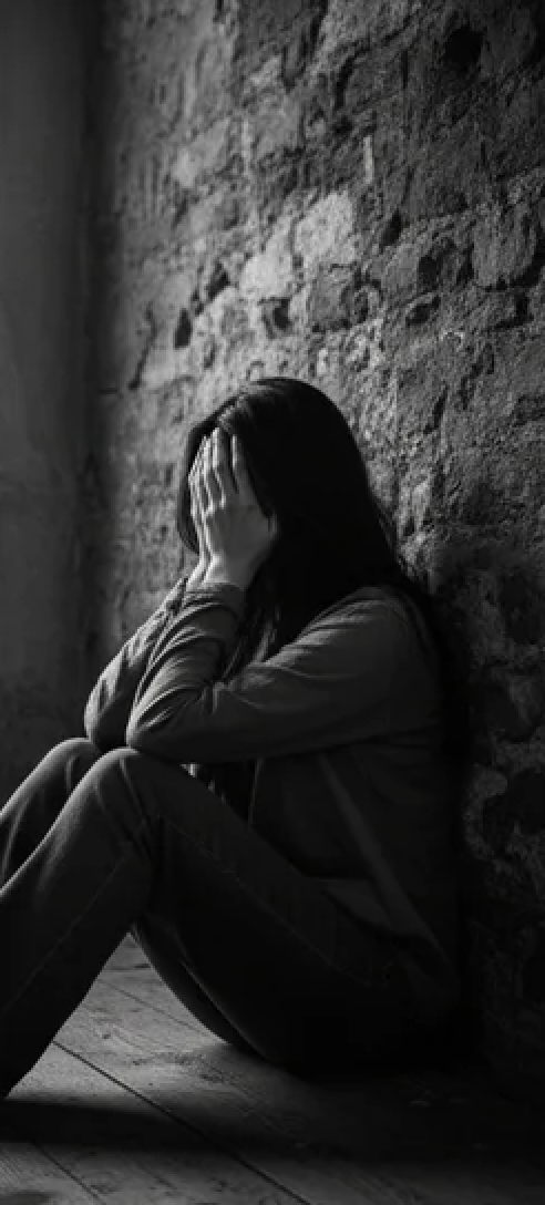 Woman with face in hands against textured wall