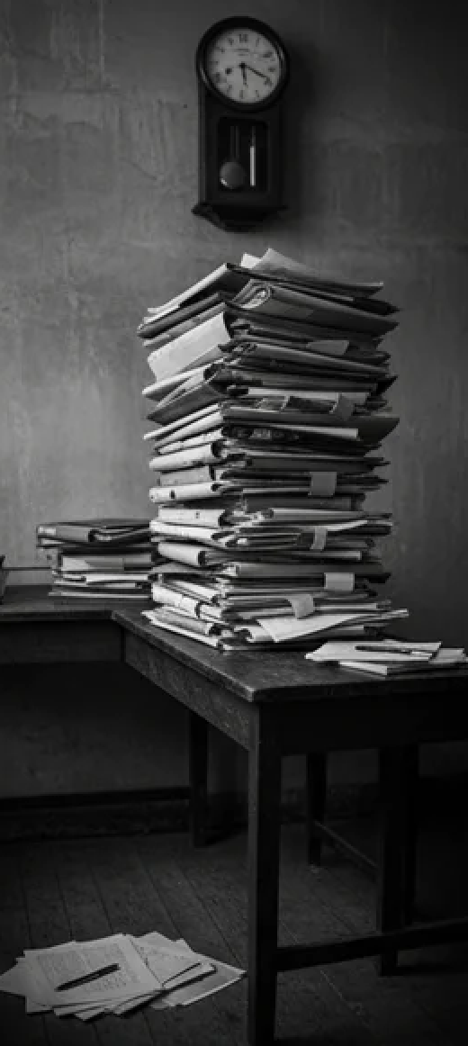 Stack of papers with clock on wall